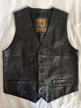 Alder Vintage Biker Men's Black Leather 5 Button Vest with 2 Pockets - Medium